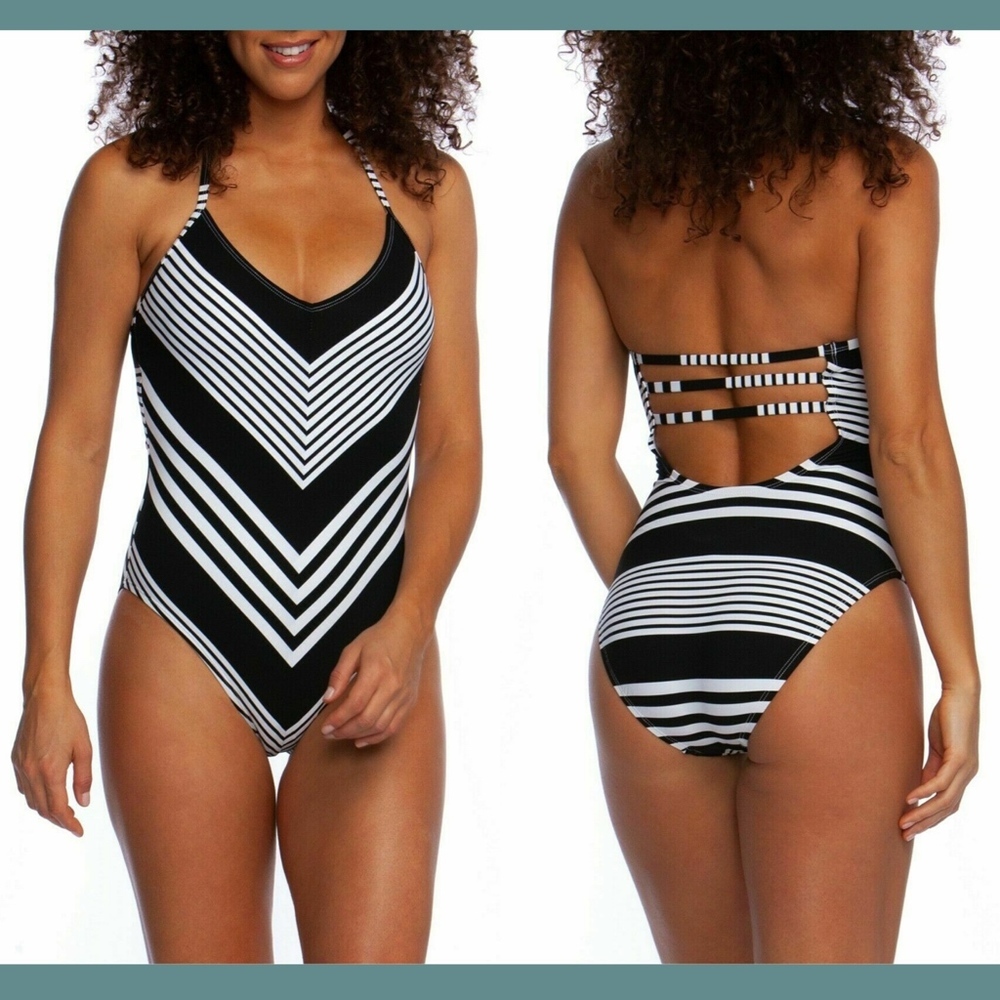 NEW $129 La Blanca Fine Line Halter‎ One-Piece Swimsuit Black-White [SZ 6 ]